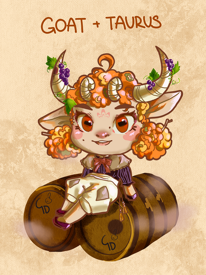 chibi example of four horned goat sitting on wine barrels